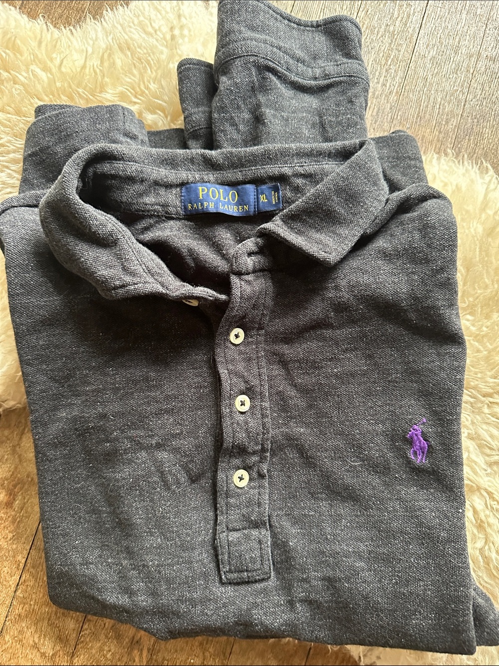 Ralph Lauren grey long sleeve polo with purple logo
